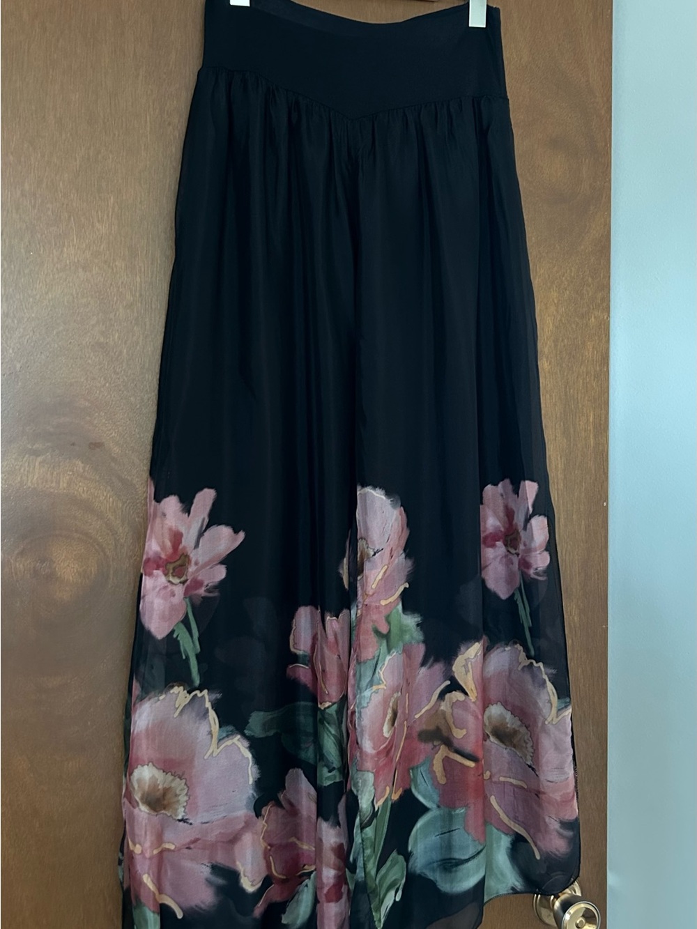 Black Floral Silk Wide Leg Pants with Pink Bloom Print
